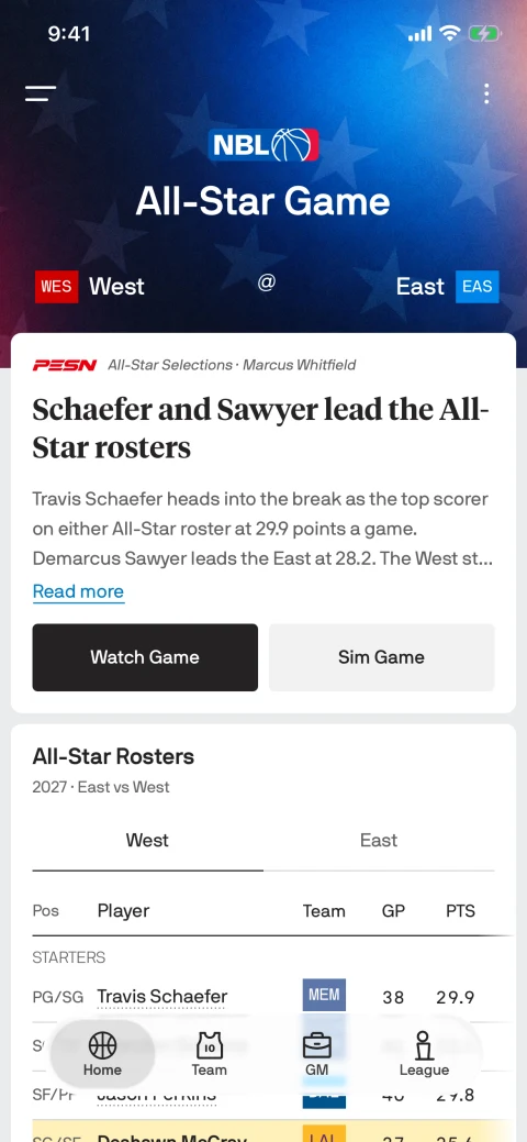 The NBL All-Star Game screen with PESN coverage and West and East rosters